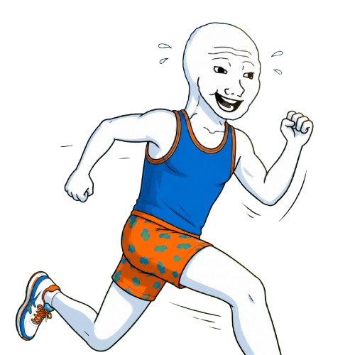 Running Wojak in a blue tank top and orange shorts